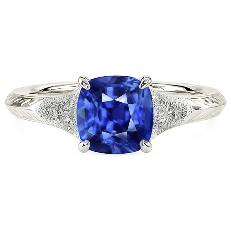 Bague en saphir bleu de coussin de bijoux de pierres précieuses de style antique 2 carats