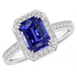 Bague en saphir bleu émeraude avec halo de pierres précieuses sertie de diamants 5 carats