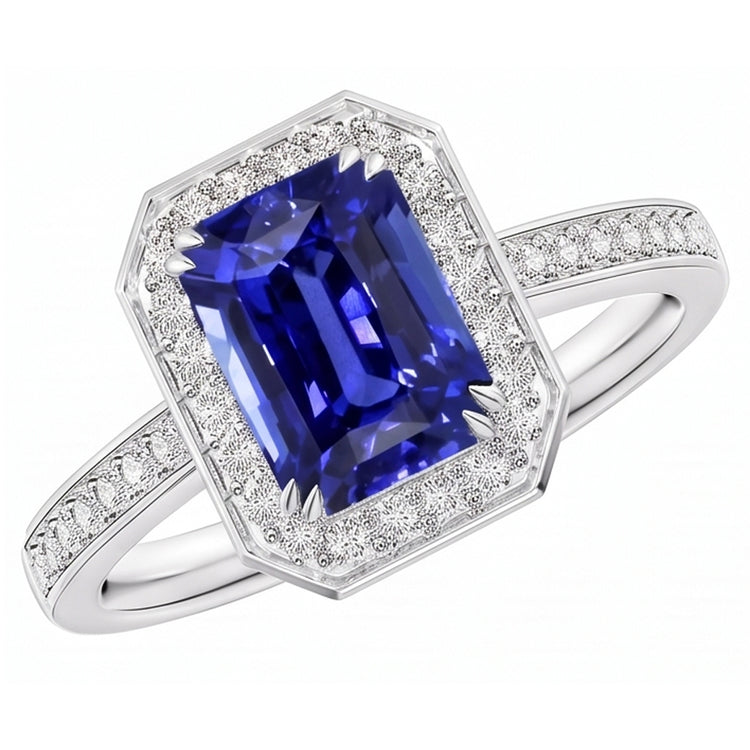 Bague en saphir bleu émeraude avec halo de pierres précieuses sertie de diamants 5 carats