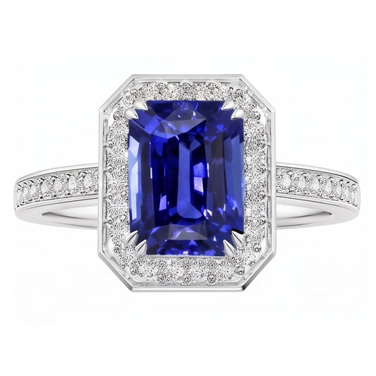 Bague en saphir bleu émeraude avec halo de pierres précieuses sertie de diamants 5 carats