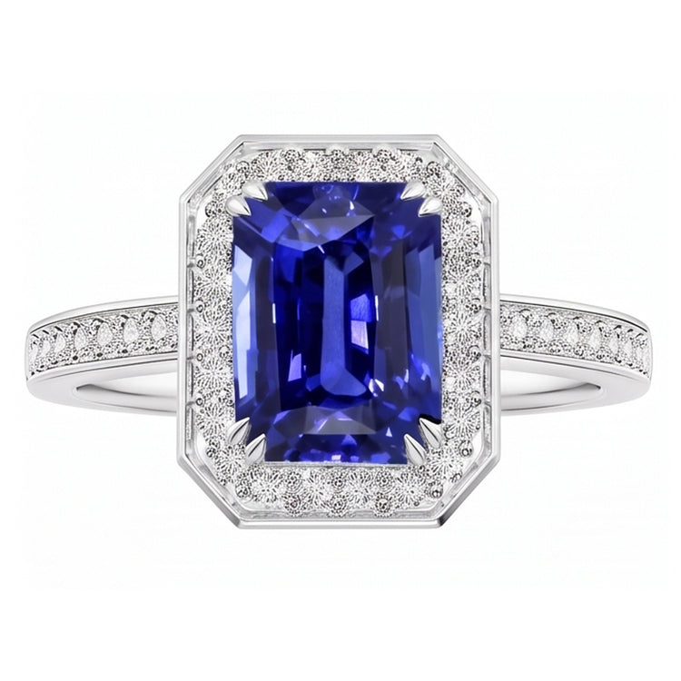 Bague en saphir bleu émeraude avec halo de pierres précieuses sertie de diamants 5 carats