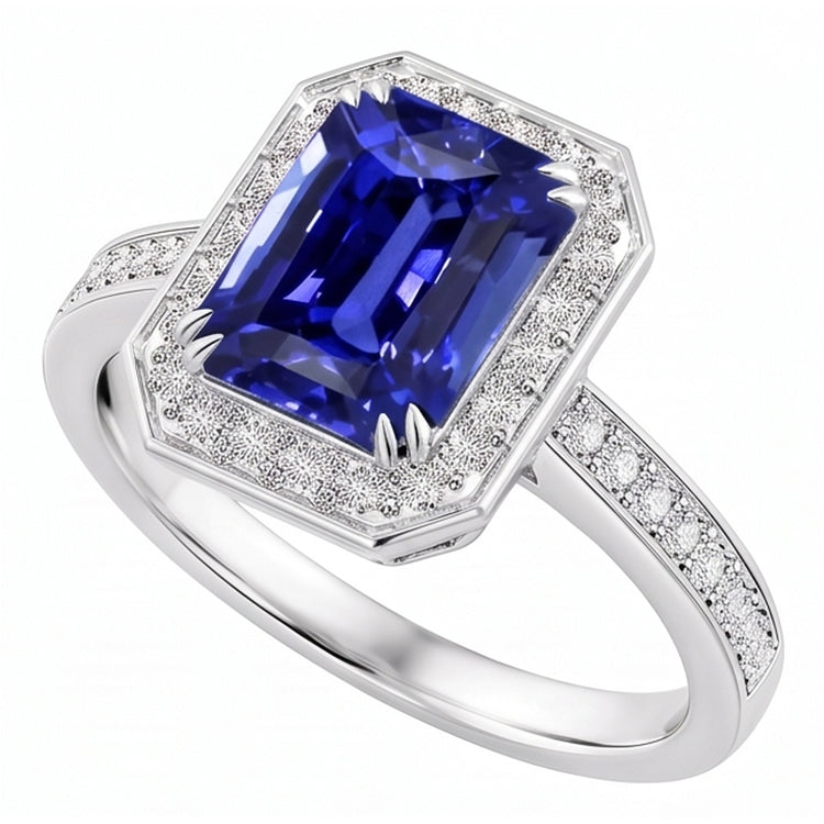 Bague en saphir bleu émeraude avec halo de pierres précieuses sertie de diamants 5 carats