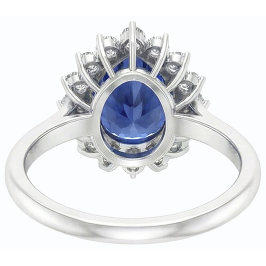 Bague en saphir bleu en forme de poire avec halo de diamants 4.50 carats