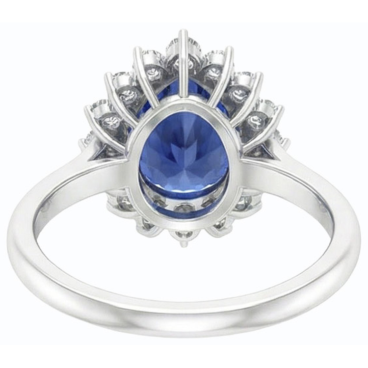 Bague en saphir bleu en forme de poire avec halo de diamants 4.50 carats