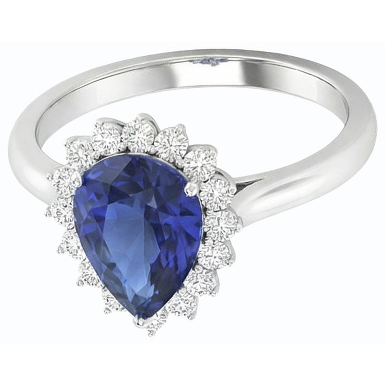 Bague en saphir bleu en forme de poire avec halo de diamants 4.50 carats