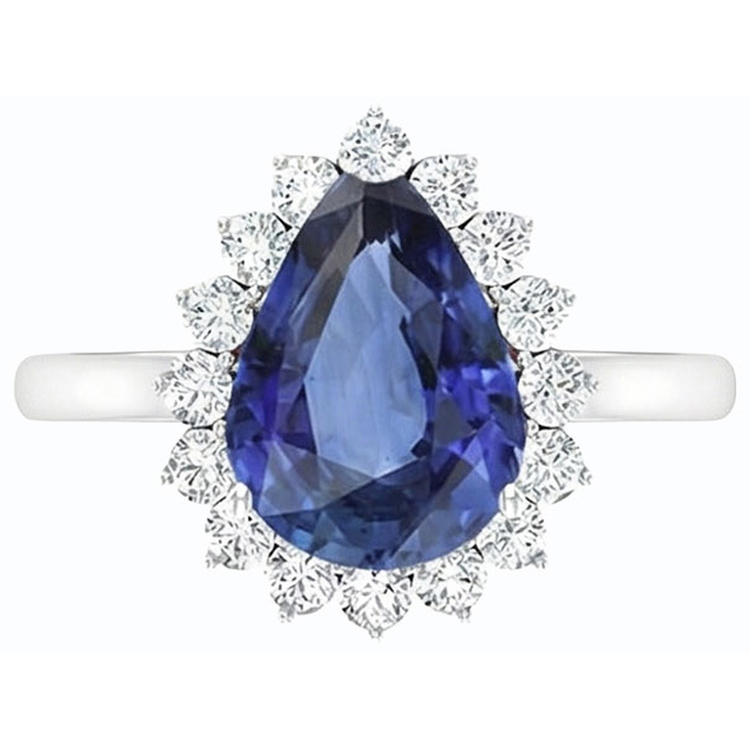 Bague en saphir bleu en forme de poire avec halo de diamants 4.50 carats