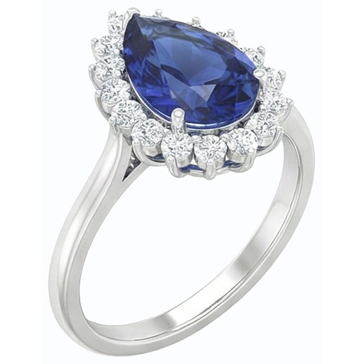 Bague en saphir bleu en forme de poire avec halo de diamants 4.50 carats