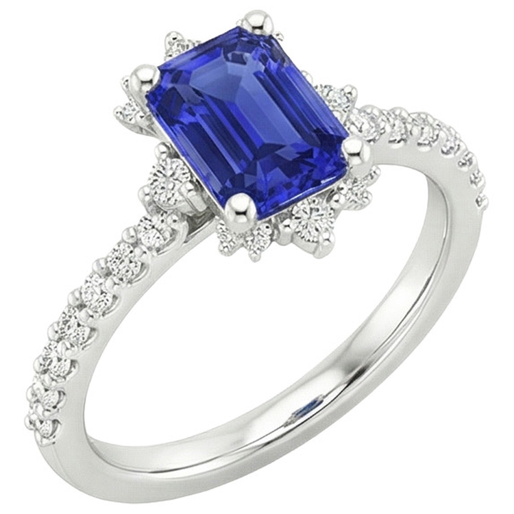 Bague en saphir bleu et diamants. solitaire émeraude de 4.25 carats avec accents