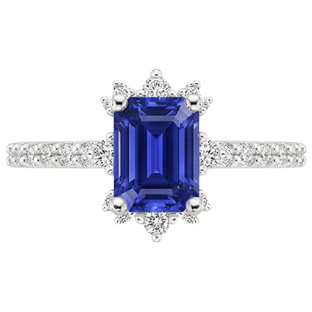 Bague en saphir bleu et diamants. solitaire émeraude de 4.25 carats avec accents