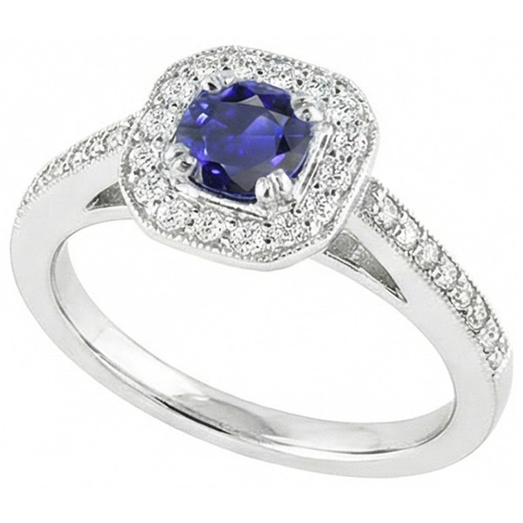 Bague en saphir bleu halo de diamants de style antique 3 carats tige millegrain