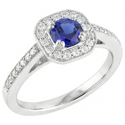 Bague en saphir bleu halo de diamants de style antique 3 carats tige millegrain