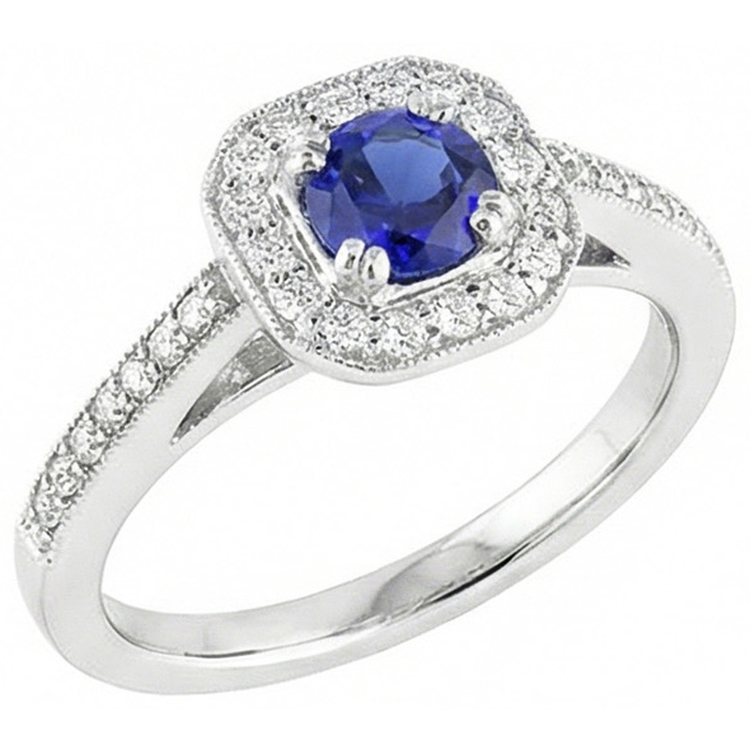 Bague en saphir bleu halo de diamants de style antique 3 carats tige millegrain