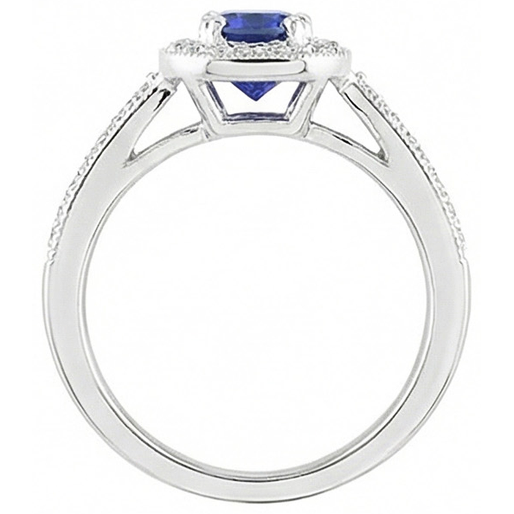 Bague en saphir bleu halo de diamants de style antique 3 carats tige millegrain