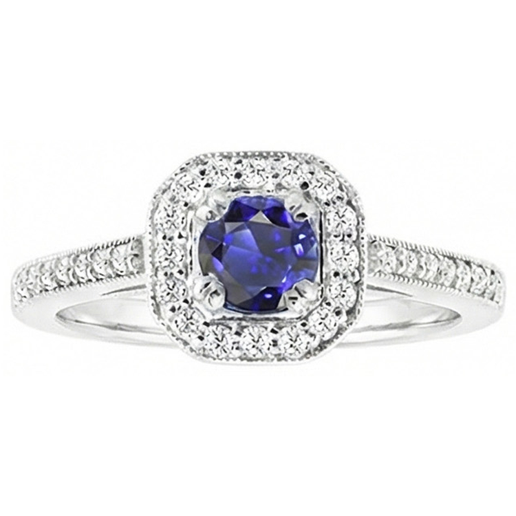 Bague en saphir bleu halo de diamants de style antique 3 carats tige millegrain