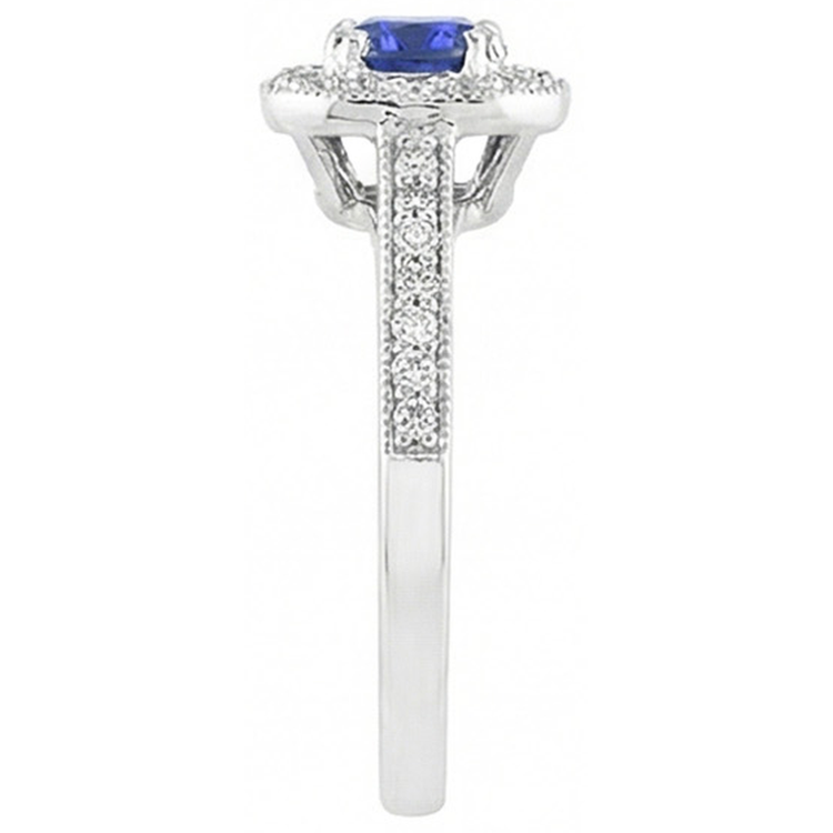 Bague en saphir bleu halo de diamants de style antique 3 carats tige millegrain