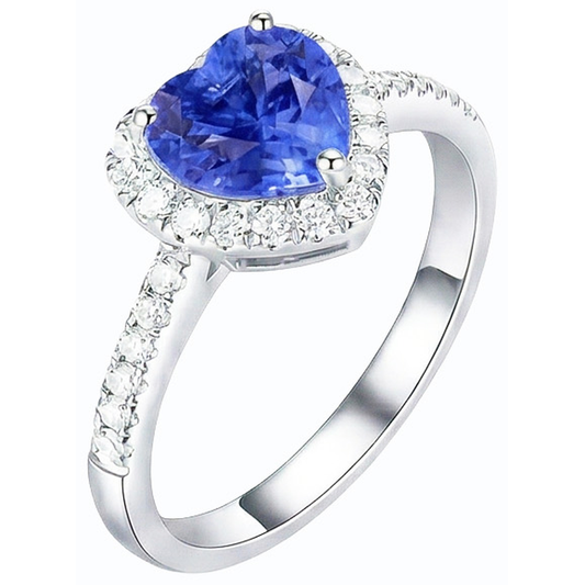 Bague en saphir bleu naturel en forme de coeur avec halo de diamants 3.50 carats