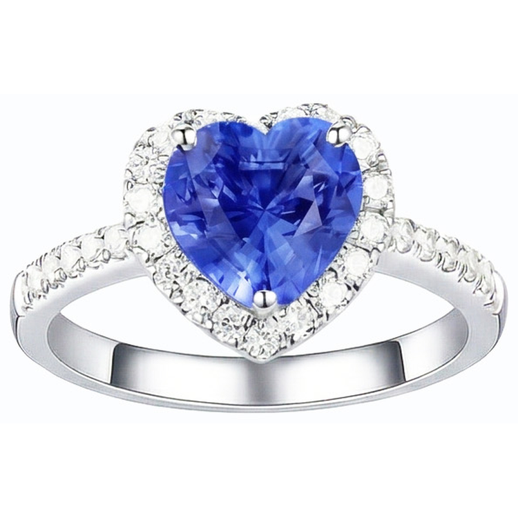 Bague en saphir bleu naturel en forme de coeur avec halo de diamants 3.50 carats