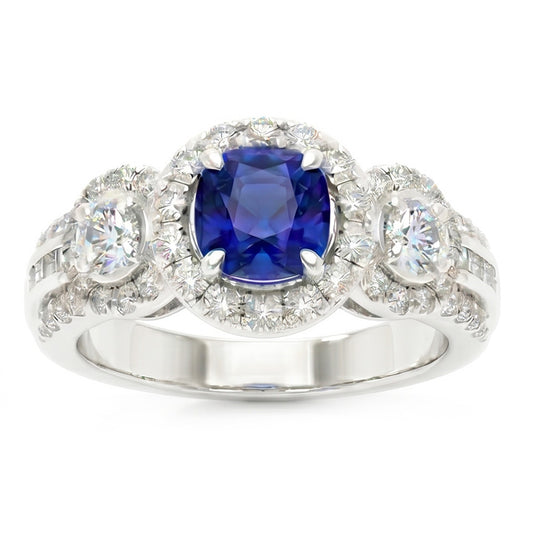 Bague en saphir bleu rond avec halo de diamants 2.50 carats Bijoux pour femme