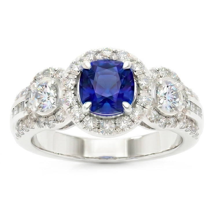 Bague en saphir bleu rond avec halo de diamants 2.50 carats Bijoux pour femme