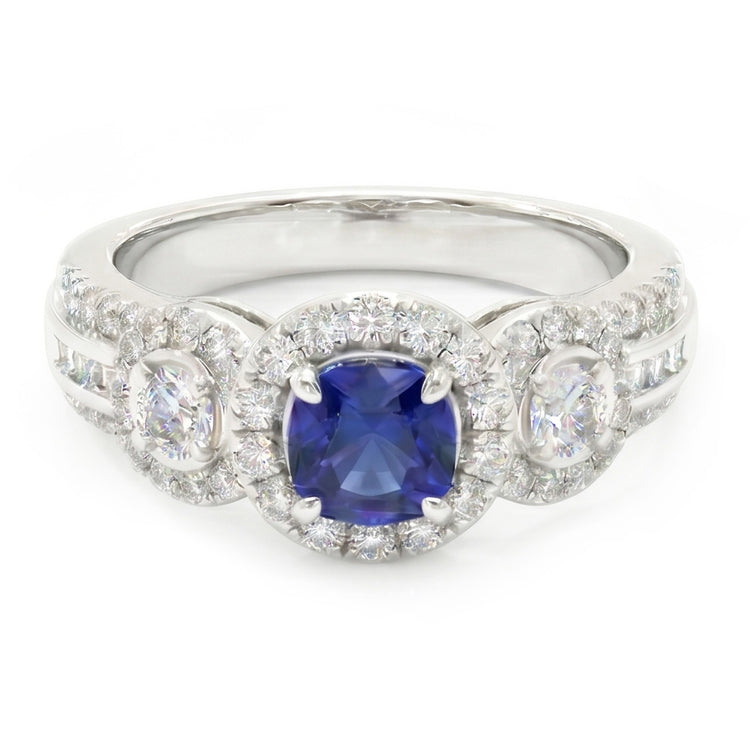 Bague en saphir bleu rond avec halo de diamants 2.50 carats Bijoux pour femme