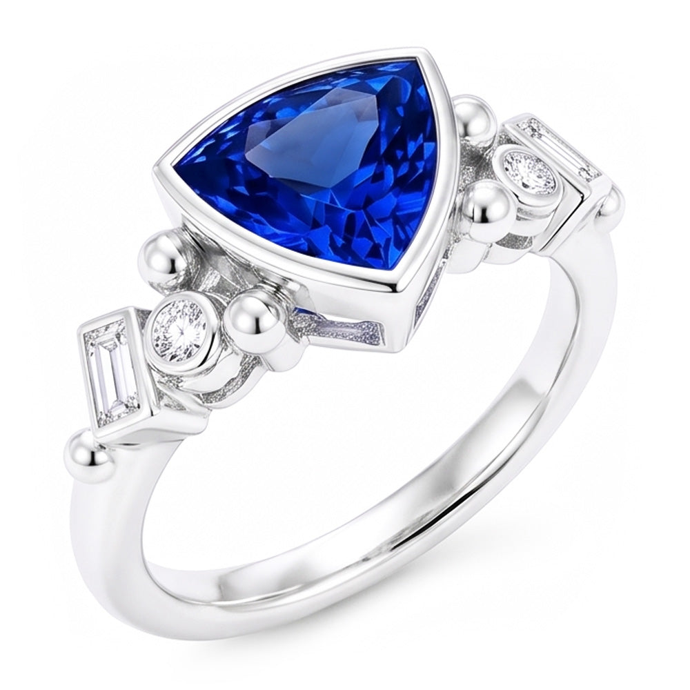 Bague en saphir bleu serti de trillions de pierres précieuses. diamants baguette 2 carats