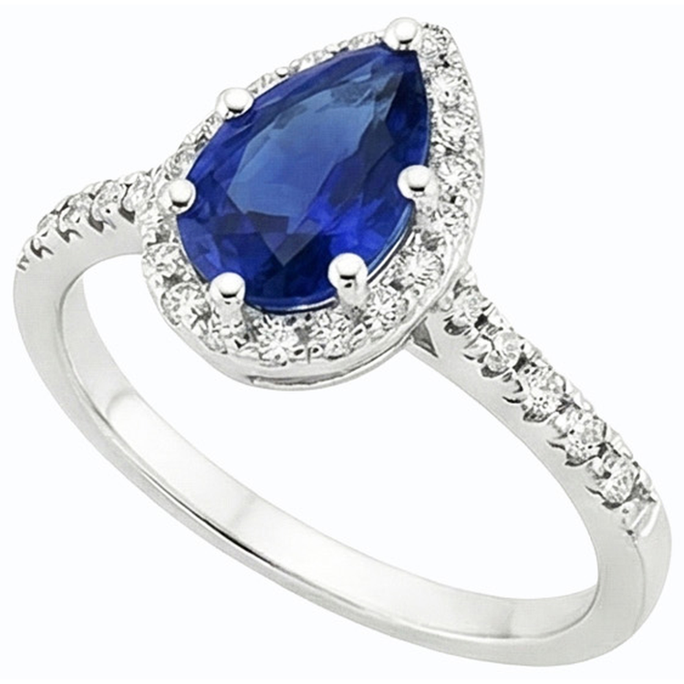 Bague en saphir bleu taille poire et halo de diamants 3.50 carats Bijoux femme