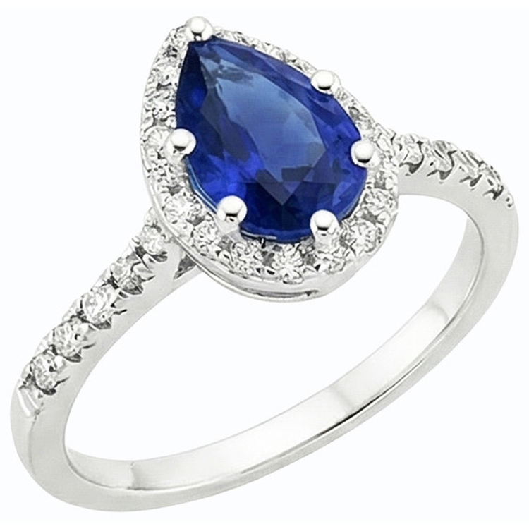 Bague en saphir bleu taille poire et halo de diamants 3.50 carats Bijoux femme