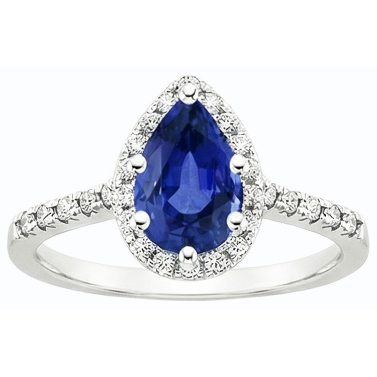 Bague en saphir bleu taille poire et halo de diamants 3.50 carats Bijoux femme