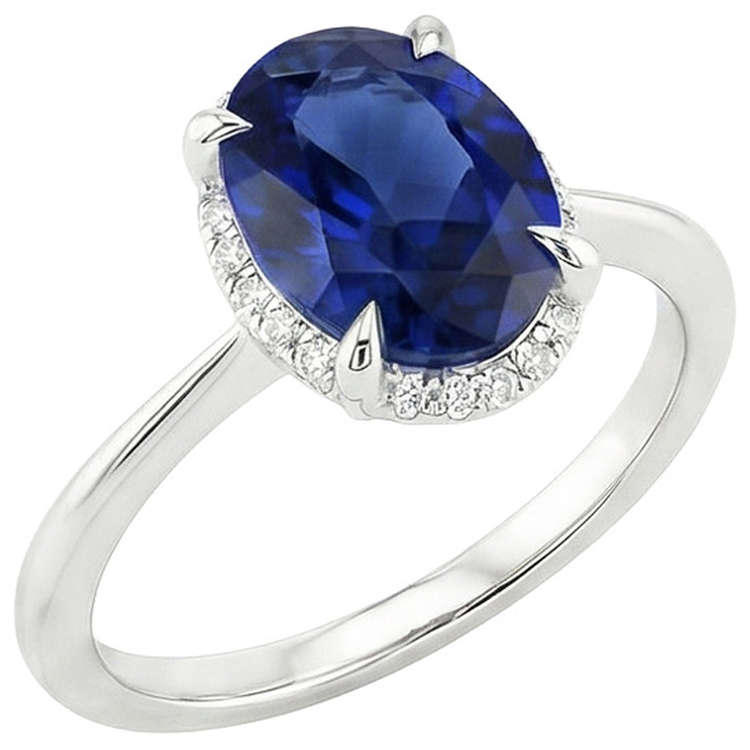 Bague en saphir de Ceylan Halo taille ovale 3.50 carats serti de griffes