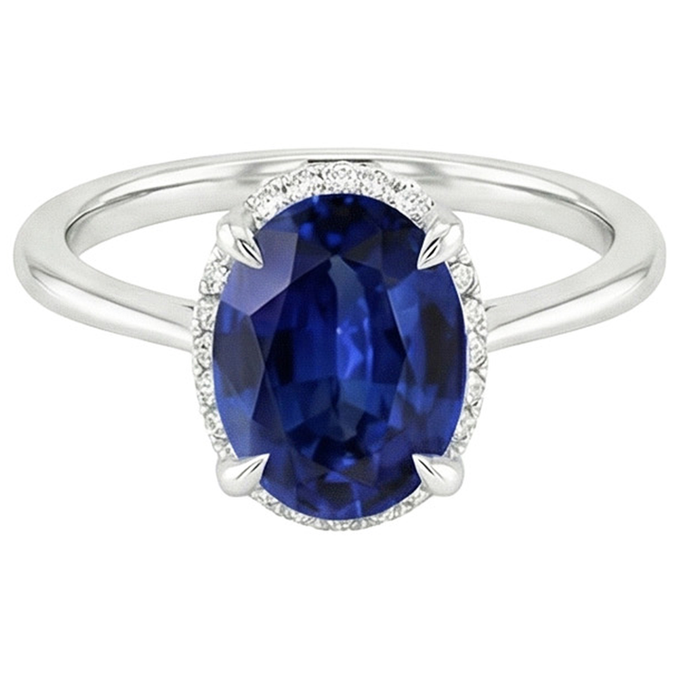 Bague en saphir de Ceylan Halo taille ovale 3.50 carats serti de griffes