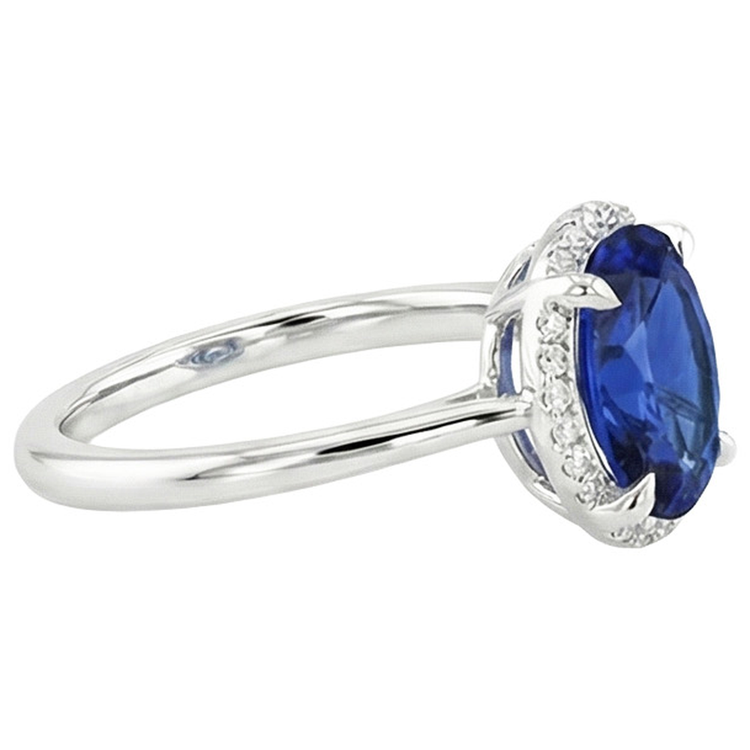 Bague en saphir de Ceylan Halo taille ovale 3.50 carats serti de griffes