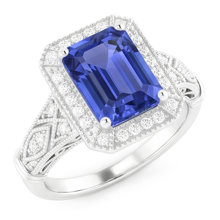 Bague en saphir de Ceylan émeraude de mariage de diamants en or à tige fendue 3 carats