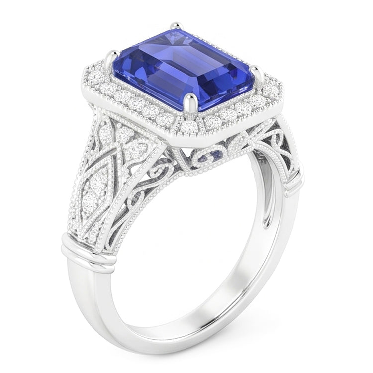 Bague en saphir de Ceylan émeraude de mariage de diamants en or à tige fendue 3 carats