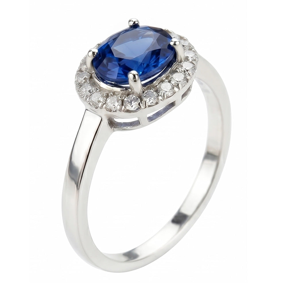 Bague en saphir de Ceylan ovale de 2.40 ct et diamants en or blanc 14K