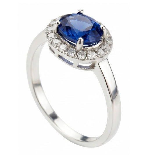 Bague en saphir de Ceylan ovale de 2.40 ct et diamants en or blanc 14K