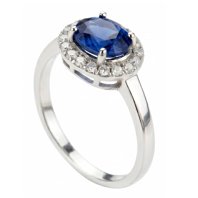 Bague en saphir de Ceylan ovale de 2.40 ct et diamants en or blanc 14K