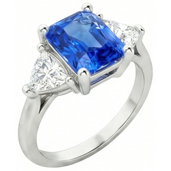 Bague en saphir de Ceylan radieux à trois pierres trillion de diamants 2.50 carats