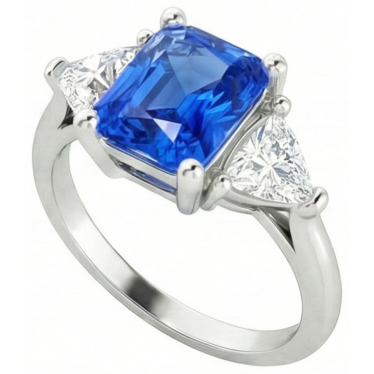 Bague en saphir de Ceylan radieux à trois pierres trillion de diamants 2.50 carats