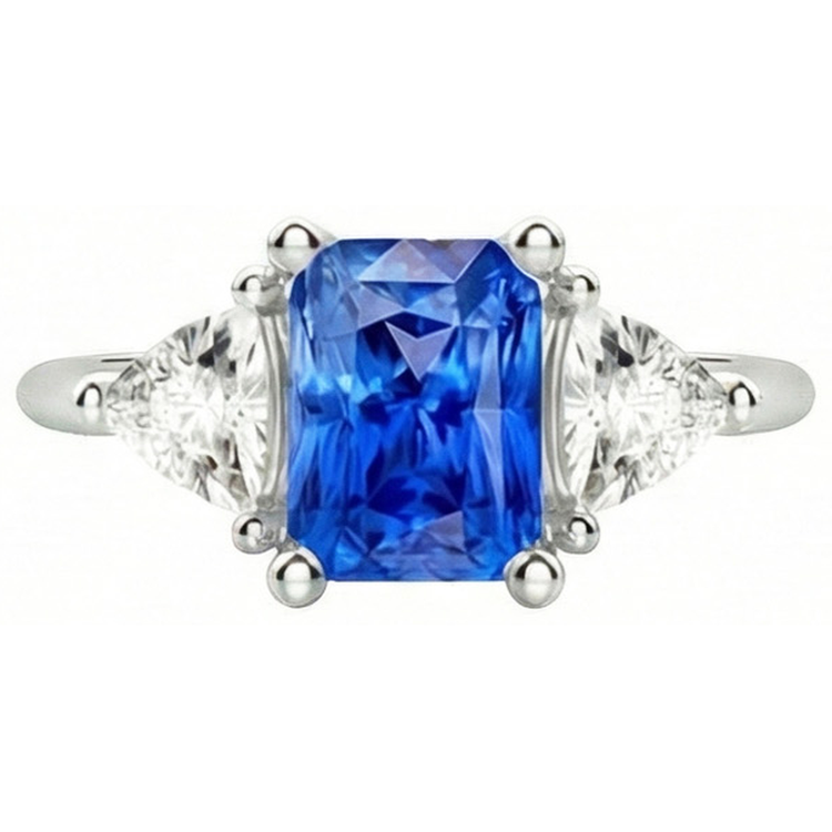 Bague en saphir de Ceylan radieux à trois pierres trillion de diamants 2.50 carats