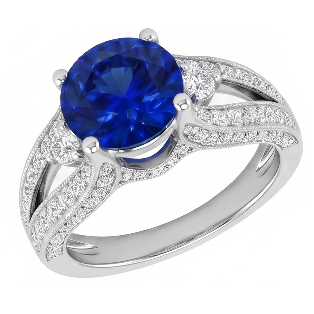 Bague en saphir de Ceylan rond 3 ct et diamants en or blanc massif 14K