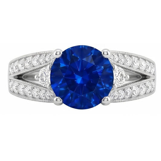 Bague en saphir de Ceylan rond 3 ct et diamants en or blanc massif 14K