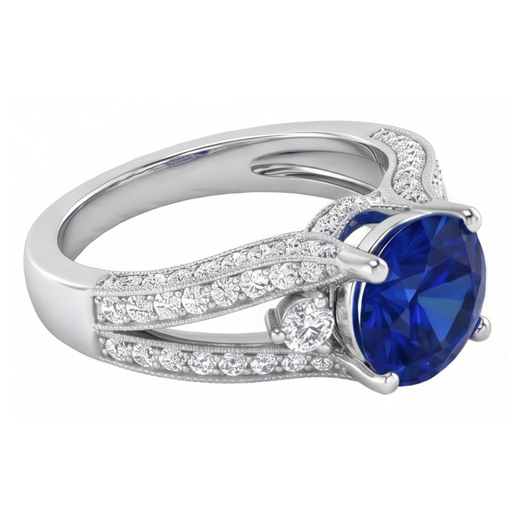 Bague en saphir de Ceylan rond 3 ct et diamants en or blanc massif 14K