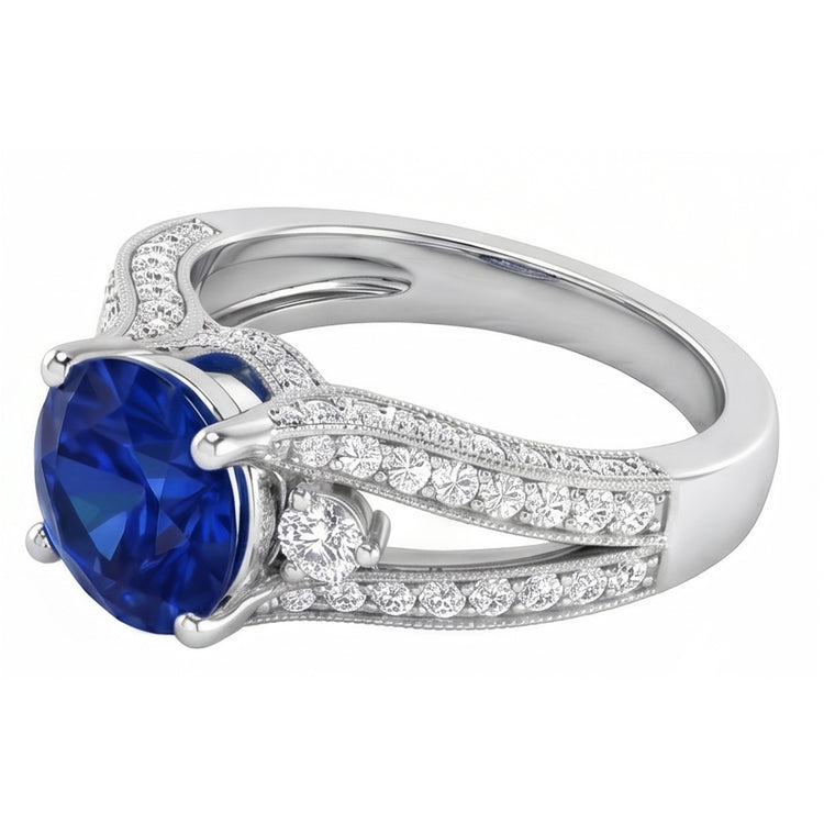 Bague en saphir de Ceylan rond 3 ct et diamants en or blanc massif 14K