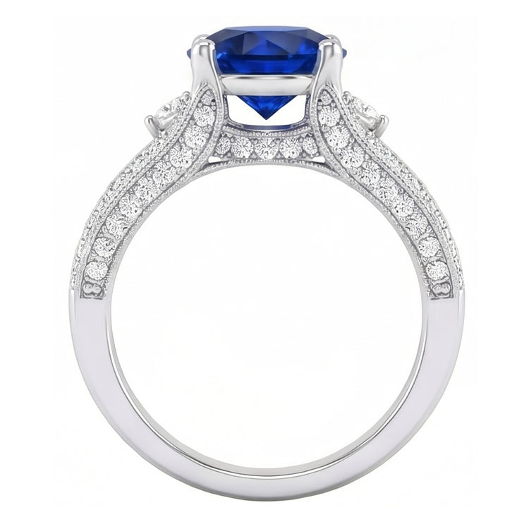 Bague en saphir de Ceylan rond 3 ct et diamants en or blanc massif 14K