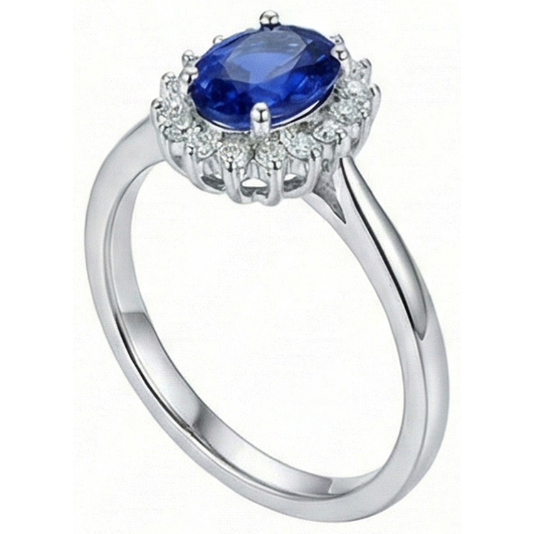 Bague en saphir de Ceylan taille ovale 2 ct et diamants en or blanc 14K