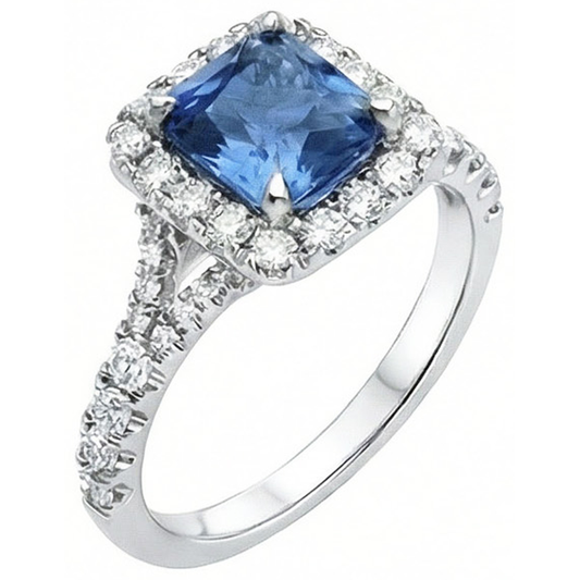 Bague en saphir de Ceylan taille radiante et diamant rond 3 ct. Or Blanc 14K