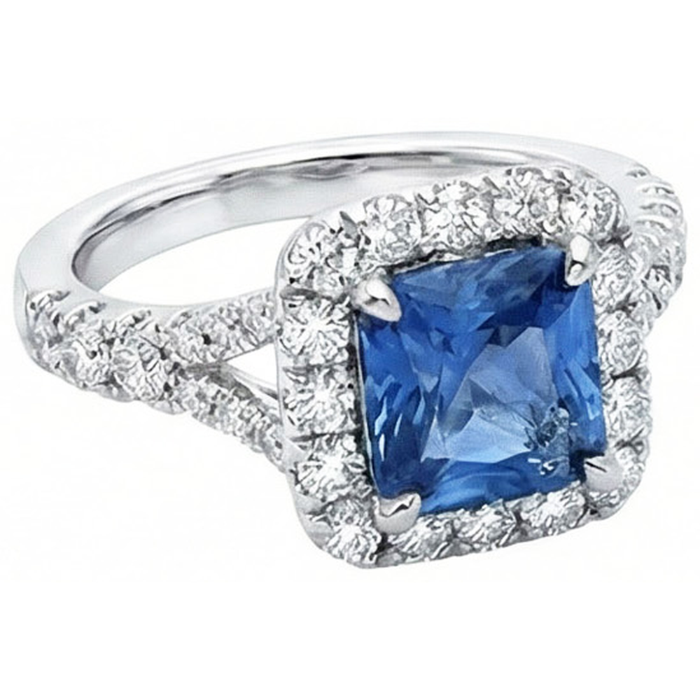 Bague en saphir de Ceylan taille radiante et diamant rond 3 ct. Or Blanc 14K