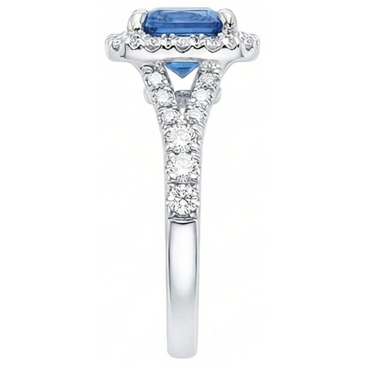 Bague en saphir de Ceylan taille radiante et diamant rond 3 ct. Or Blanc 14K