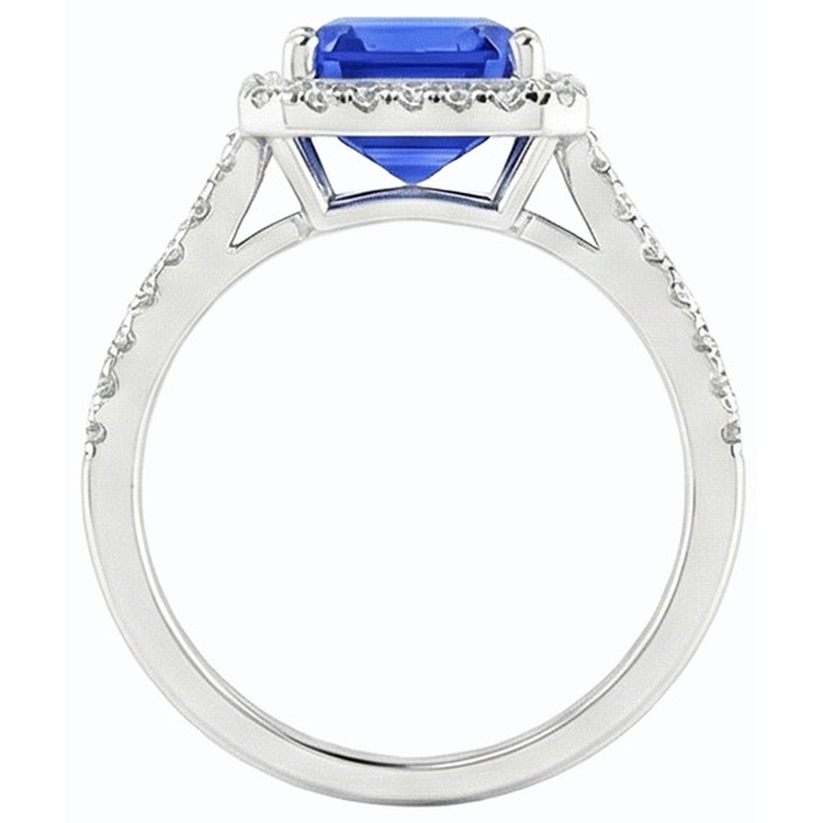 Bague en saphir du Sri Lanka avec halo de diamants et émeraude en or 4.50 carats