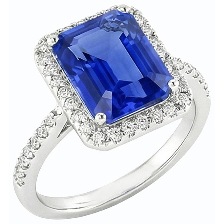 Bague en saphir du Sri Lanka avec halo de diamants et émeraude en or 4.50 carats